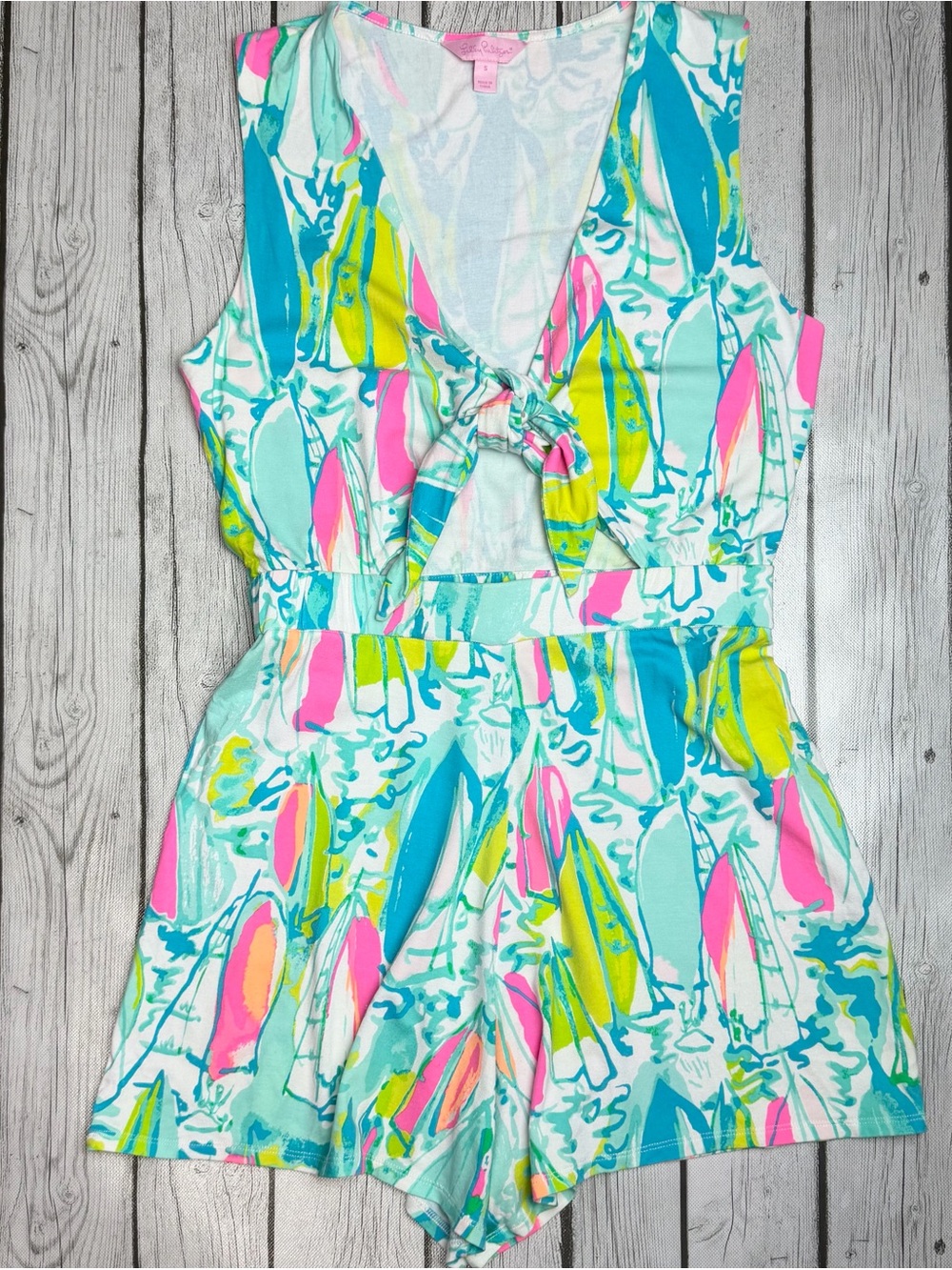Lilly Pulitzer Women's S Greer Romper Beach and Bae Peekaboo Tie Front